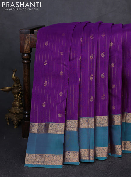 Kanchipuram silk saree purple and teal green with allover zari weaves and rettapet zari woven border