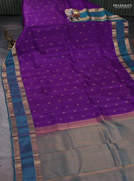 Kanchipuram silk saree purple and teal green with allover zari weaves and rettapet zari woven border