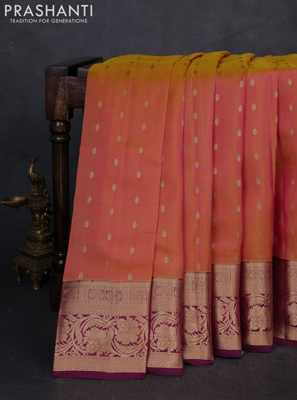 Kanchipuram silk saree dual tone mustard yellow and wine shade with allover zari woven buttas and rich zari woven border