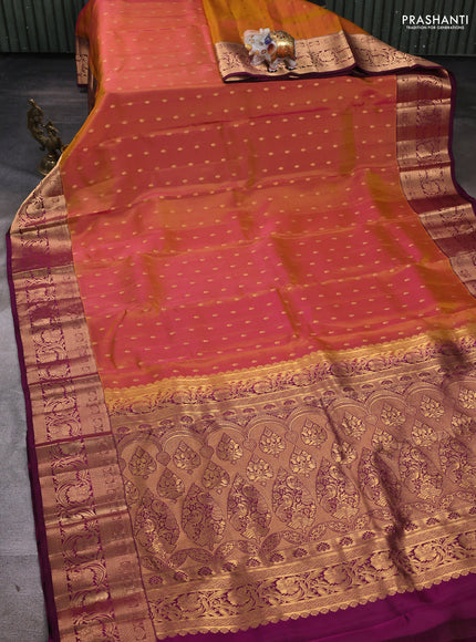 Kanchipuram silk saree dual tone mustard yellow and wine shade with allover zari woven buttas and rich zari woven border