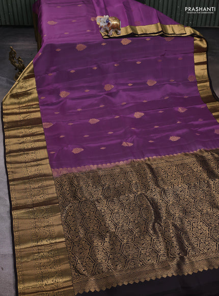 Kanchipuram silk saree purple shade and coffee brown with zari woven buttas and long zari woven border