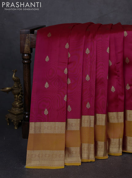 Kanchipuram silk saree pink and dual tone mustard yellow with zari woven buttas and rettapet zari woven border