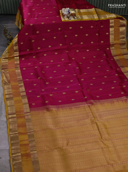 Kanchipuram silk saree pink and dual tone mustard yellow with zari woven buttas and rettapet zari woven border