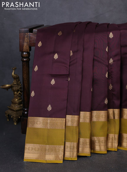 Kanchipuram silk saree deep wine and dark mustard with zari woven buttas and rettapet zari woven border