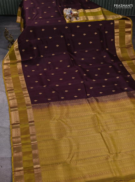 Kanchipuram silk saree deep wine and dark mustard with zari woven buttas and rettapet zari woven border