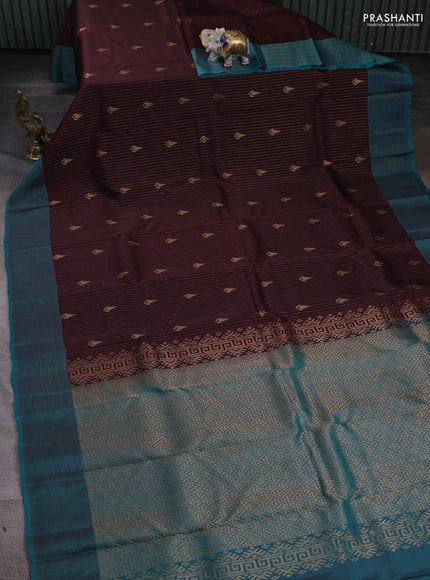 Kanchipuram silk saree coffee brown and teal green with allover zariw weaves and zari woven border