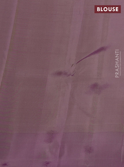 Kanchipuram silk saree elaichi green and dual tone purple with allover zari stripe pattern and zari woven butta border