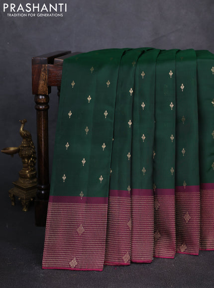 Kanchipuram silk saree bottle green and wine shade with zari woven buttas and zari woven checked border