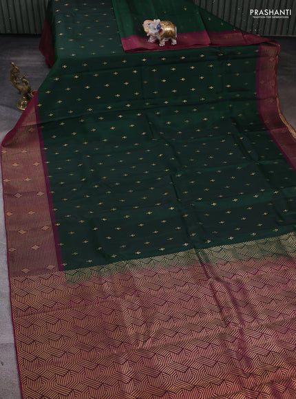 Kanchipuram silk saree bottle green and wine shade with zari woven buttas and zari woven checked border
