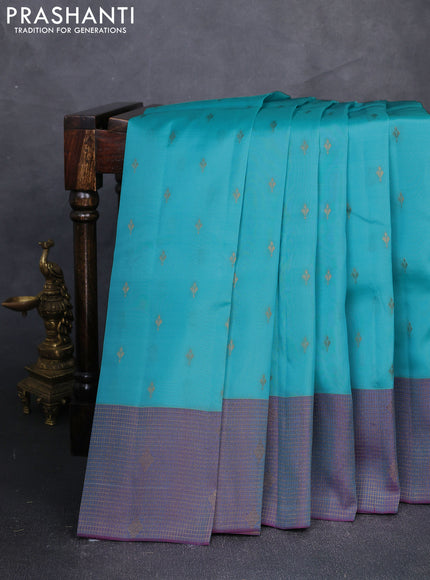 Kanchipuram silk saree light blue and dual tone purple with zari woven buttas and zari woven checked border