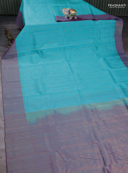 Kanchipuram silk saree light blue and dual tone purple with zari woven buttas and zari woven checked border