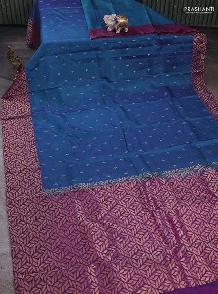 Kanchipuram silk saree dual shade of peacock green and purple with zari woven buttas and zari woven border