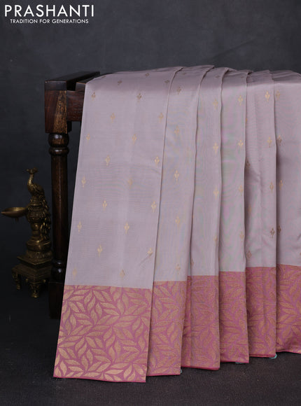 Kanchipuram silk saree grey and dual tone pink with zari woven buttas and zari woven border