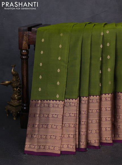 Kanchipuram silk saree mehendi green and purple with zari woven buttas and long zari woven border