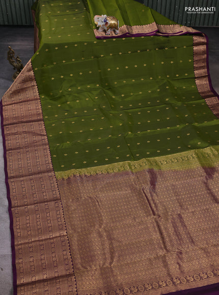 Kanchipuram silk saree mehendi green and purple with zari woven buttas and long zari woven border