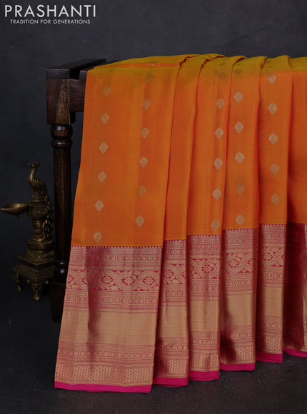 Kanchipuram silk saree mango yellow and pink with zari woven buttas and long zari woven border