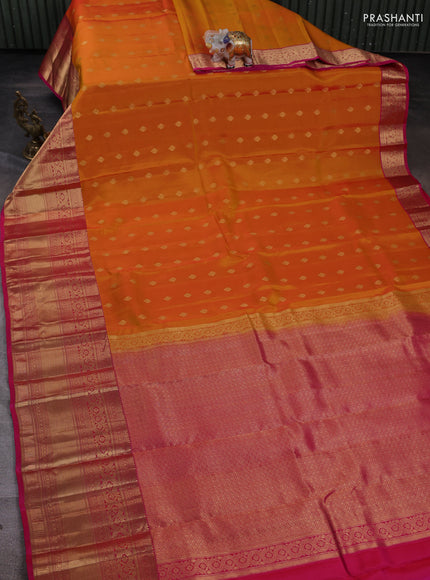 Kanchipuram silk saree mango yellow and pink with zari woven buttas and long zari woven border
