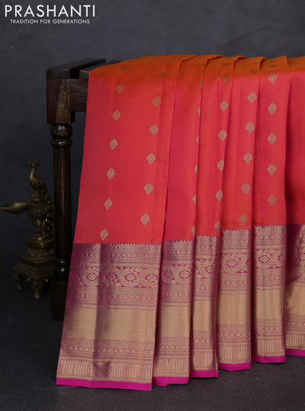 Kanchipuram silk saree dual tone pinkish orange and pink with zari woven buttas and long zari woven border