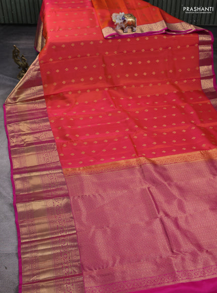 Kanchipuram silk saree dual tone pinkish orange and pink with zari woven buttas and long zari woven border