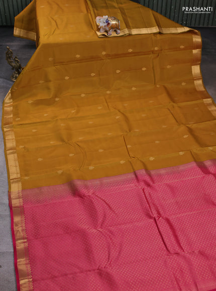 Kanchipuram silk saree dark mustard and pink with zari woven buttas and zari woven border