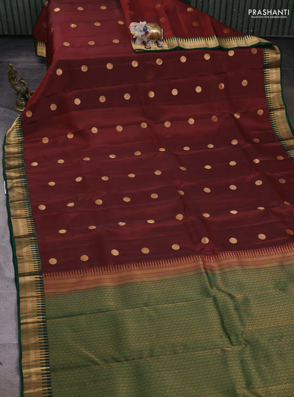 Kanchipuram silk saree maroon and green with zari woven geometric buttas and zari woven border