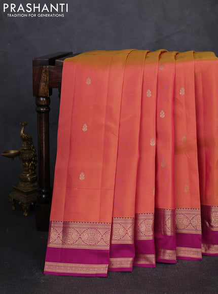 Kanchipuram silk saree dual tone yellowish pink and dark magenta pink with zari woven buttas and rettapet zari woven border