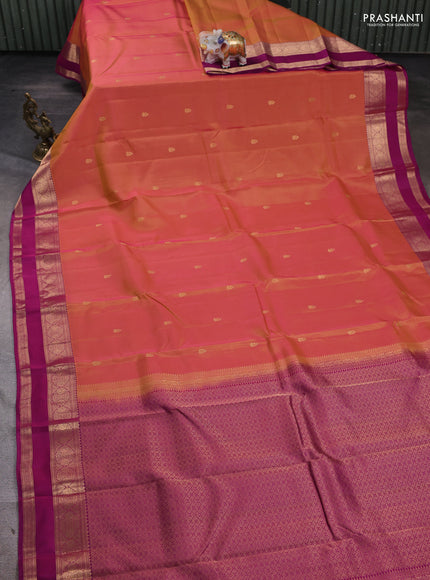 Kanchipuram silk saree dual tone yellowish pink and dark magenta pink with zari woven buttas and rettapet zari woven border