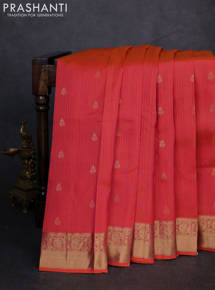 Kanchipuram silk saree dual tone pinkish orange and teal green with allover zari weaves & buttas and zari woven border