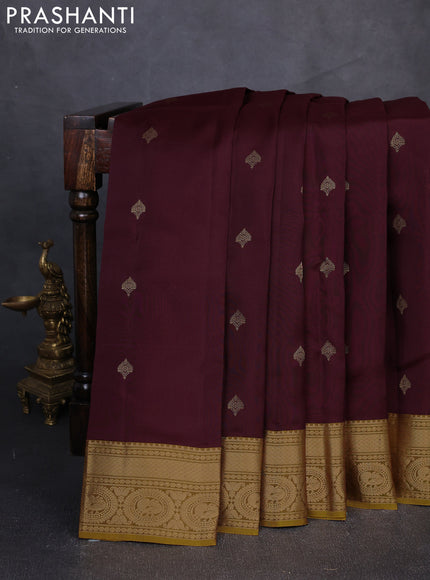 Kanchipuram silk saree deep maroon and dark mustard with zari woven buttas and zari woven border