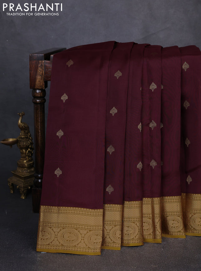 Kanchipuram silk saree deep maroon and dark mustard with zari woven buttas and zari woven border