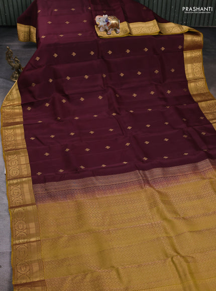 Kanchipuram silk saree deep maroon and dark mustard with zari woven buttas and zari woven border