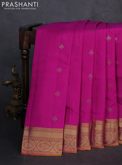 Kanchipuram silk saree pink and dual done mustard yellow with zari woven buttas and zari woven border