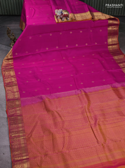 Kanchipuram silk saree pink and dual done mustard yellow with zari woven buttas and zari woven border
