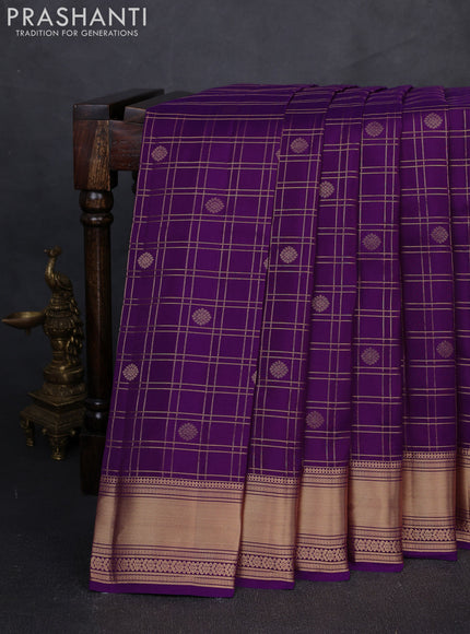Kanchipuram silk saree purple and beige with allover zari checks & buttas and zari woven border