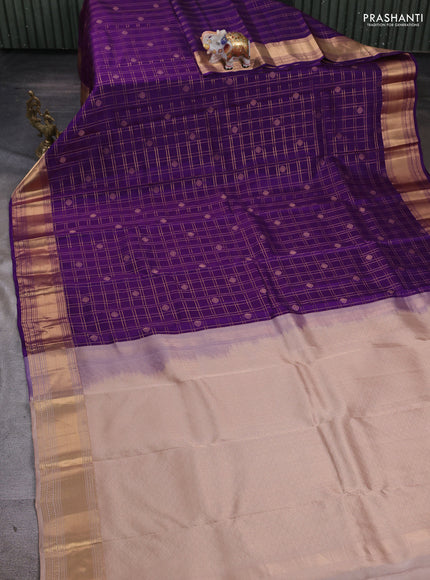 Kanchipuram silk saree purple and beige with allover zari checks & buttas and zari woven border