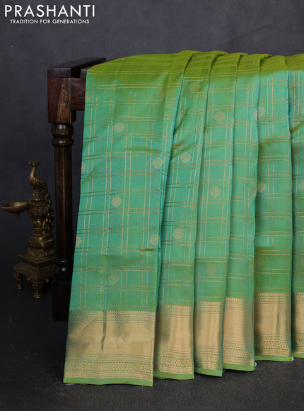 Kanchipuram silk saree teal green and beige with allover zari checks & buttas and zari woven border