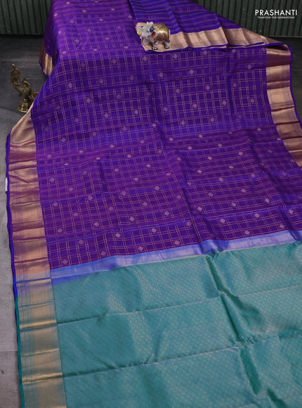 Kanchipuram silk saree dual tone purple and teal green with allover zari checks & buttas and zari woven border