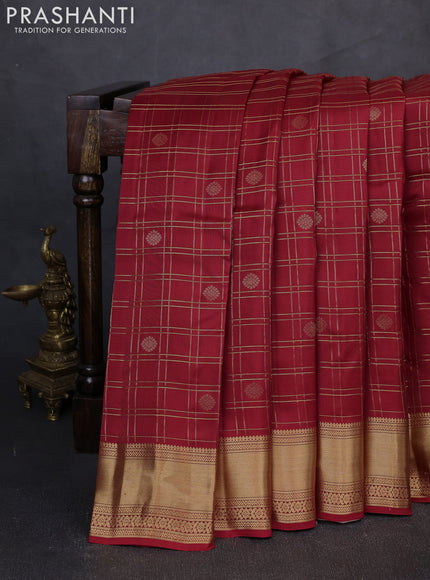 Kanchipuram silk saree red and beige with allover zari checks & buttas and zari woven border