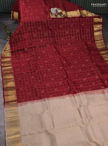 Kanchipuram silk saree red and beige with allover zari checks & buttas and zari woven border