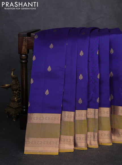 Kanchipuram silk saree blue and dark mustard with zari woven buttas and rettapet zari woven border