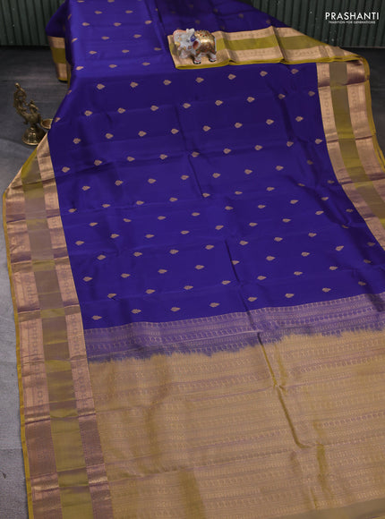 Kanchipuram silk saree blue and dark mustard with zari woven buttas and rettapet zari woven border