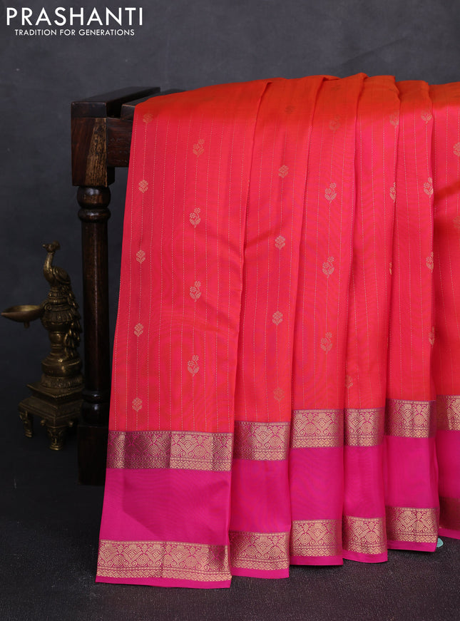 Kanchipuram silk saree dual tone pinkish orange and pink with allover zari weaves and rettapet zari woven border