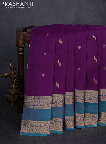 Kanchipuram silk saree purple and teal green with zari woven buttas and rettapet zari woven border