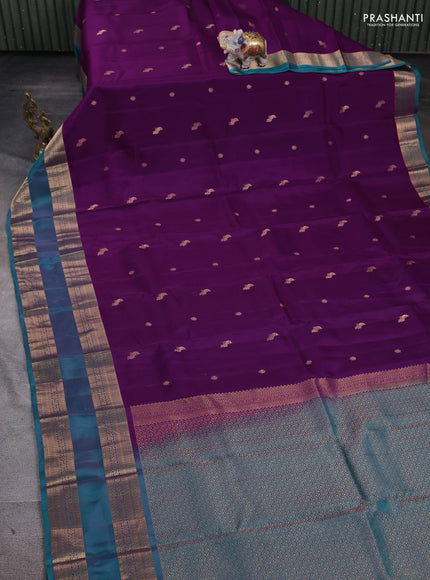 Kanchipuram silk saree purple and teal green with zari woven buttas and rettapet zari woven border