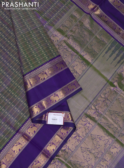 Kanchipuram silk cotton saree dual tone bluish green and navy blue with allover thread checks & buttas and rettapet zari woven border