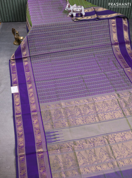 Kanchipuram silk cotton saree dual tone bluish green and navy blue with allover thread checks & buttas and rettapet zari woven border