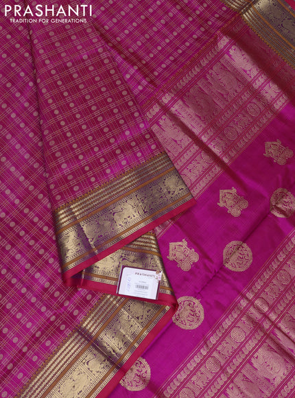Kanchipuram silk cotton saree pink with allover thread checks & buttas and zari woven border