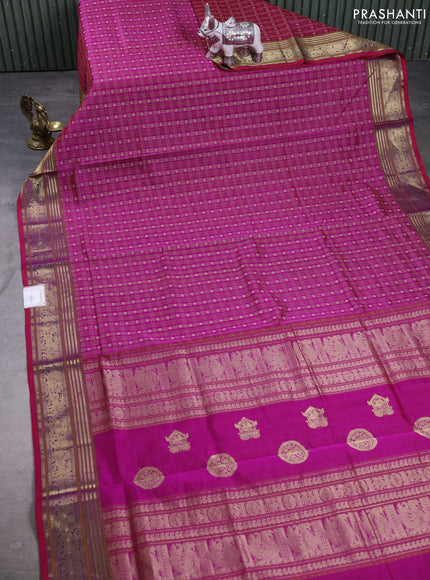 Kanchipuram silk cotton saree pink with allover thread checks & buttas and zari woven border