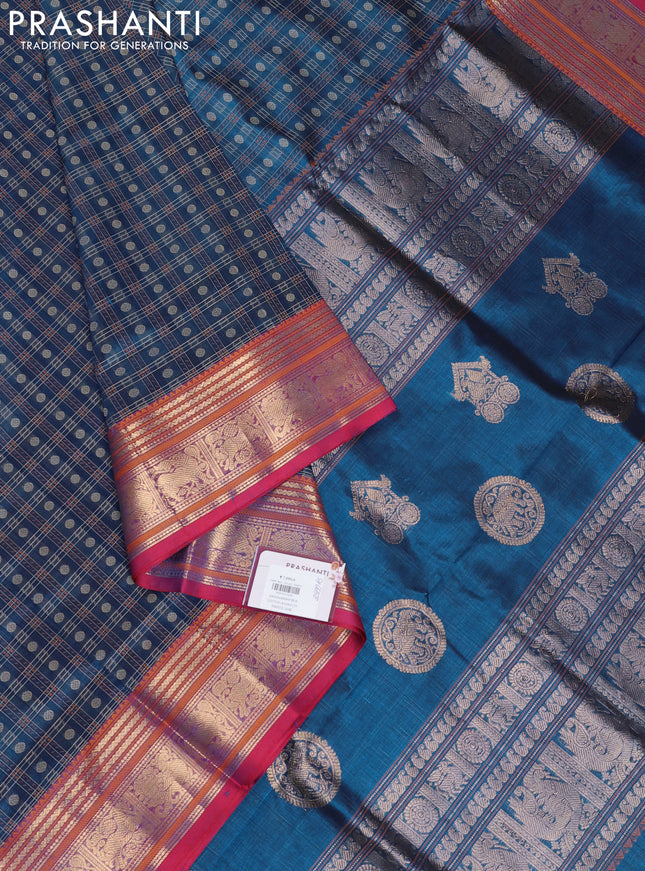 Kanchipuram silk cotton saree peacock blue and pink with allover thread checks & buttas and zari woven border