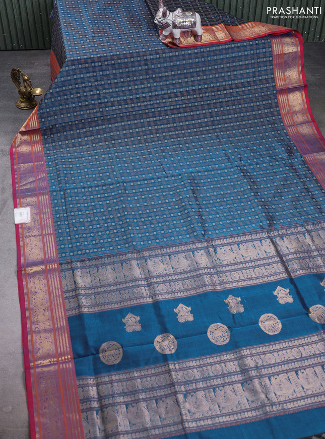 Kanchipuram silk cotton saree peacock blue and pink with allover thread checks & buttas and zari woven border